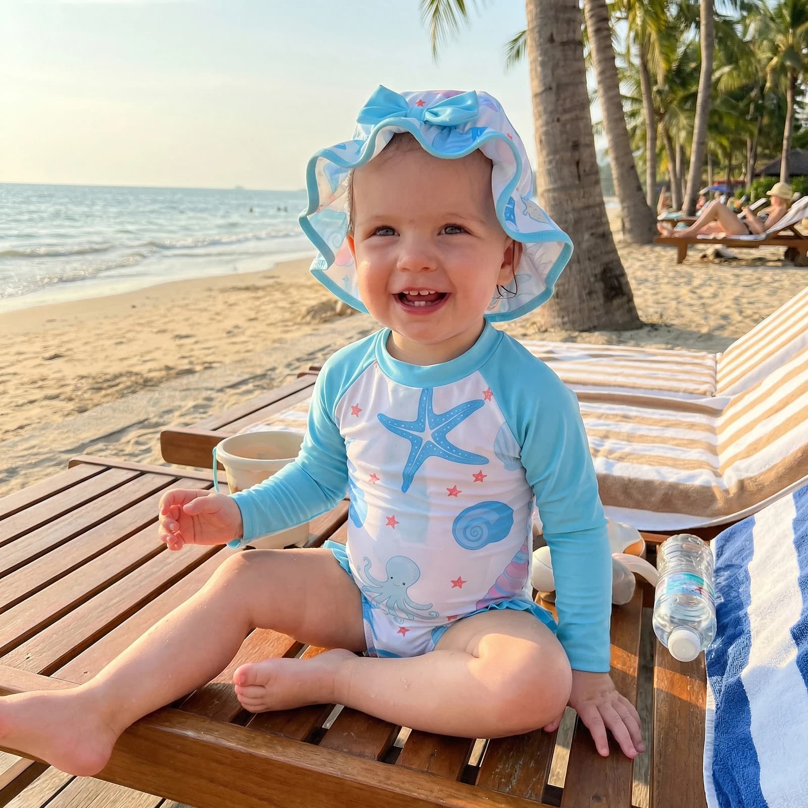 Rash Guard swimsuit for newborns, suit with marine star print and octopus, long sleeve, crew neck, with swim cap