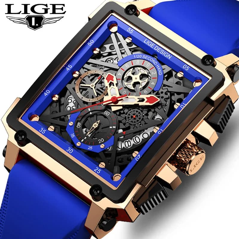LIGE Men's Sports Chronograph Wrist Watch for Men Military Silicone Strap Quartz Square Wrist Watch Men's Relogios Masculino