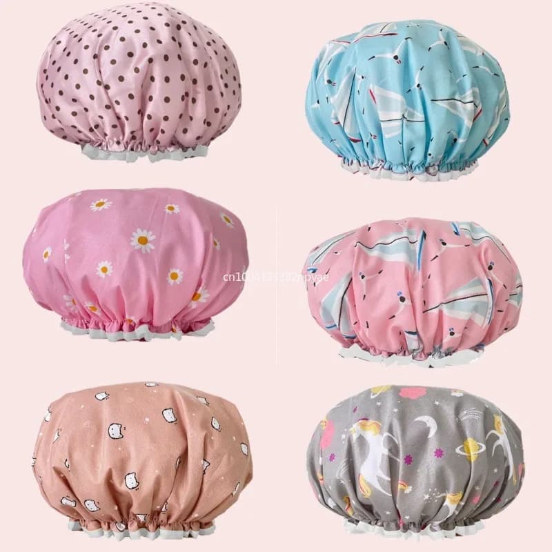 1PC Waterproof Shower Head Print Double Layer Elastic Shower Cover for Hair Reusable Wavepoint Shower Head Supplies for Bathroom