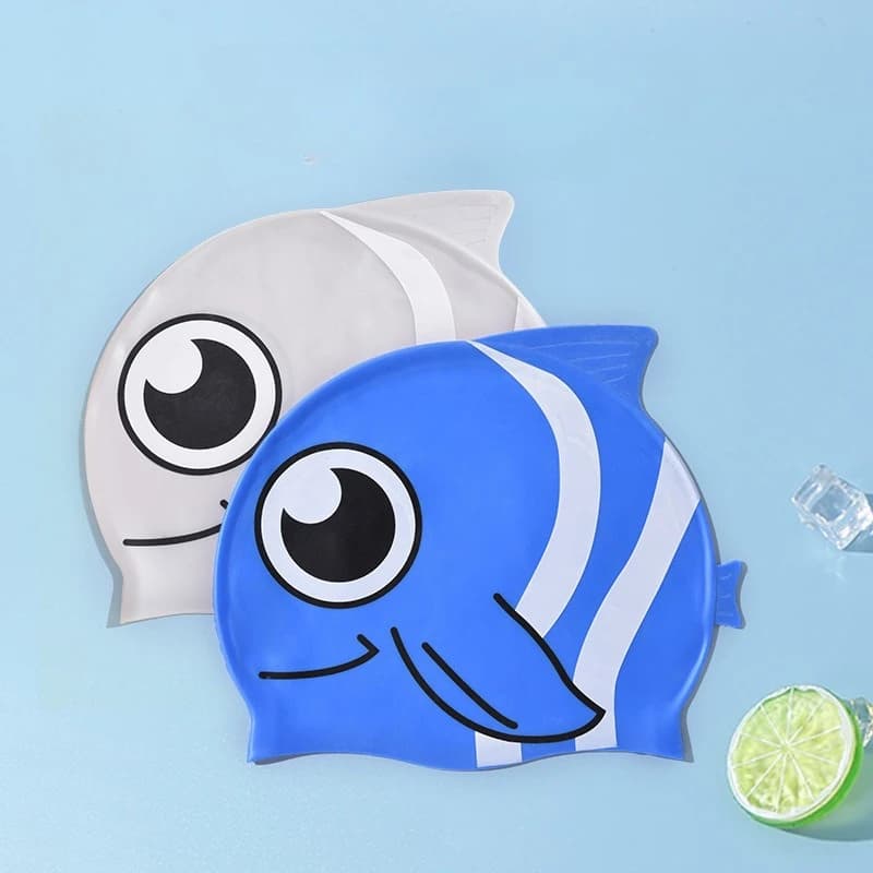 Cuffia da nuoto per bambini, cuffia in silicone stampata con simpatici pesciolini, cuffia in silicone impermeabile ed altamente elastica per capelli lunghi