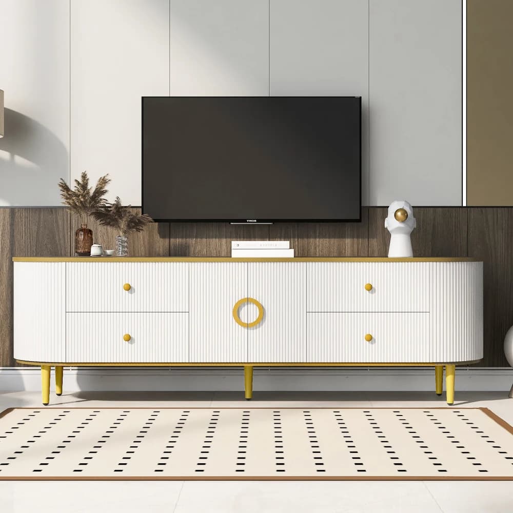 Mobile TV in Legno VIBE HAUS (Max 80 pollici), 4 Cassetti e 1 Armadietto, Gambe e Maniglie in Metallo (Vecchio SKU: SJ000117AAK)