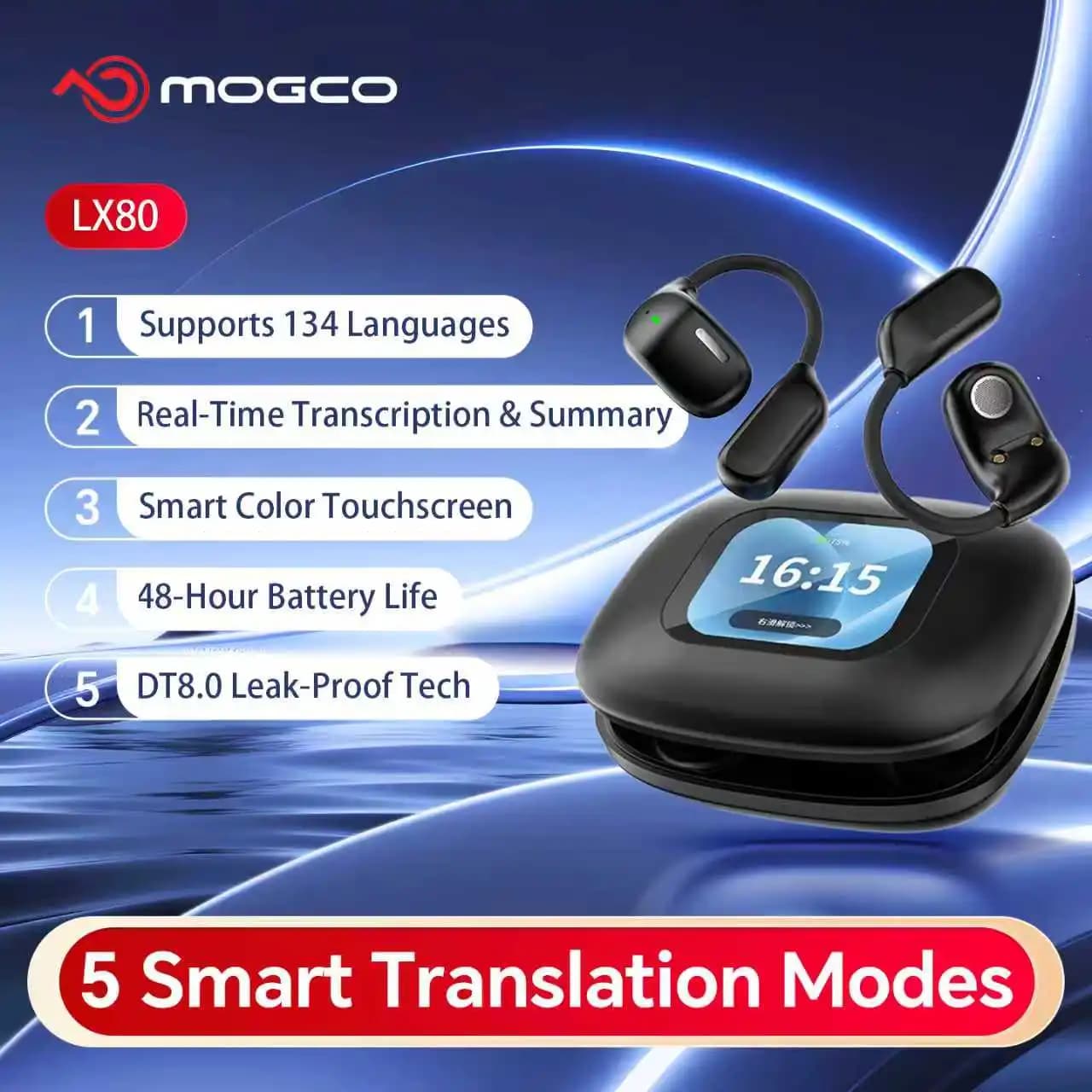 MOGCO LX80 Auricolare a Collare Open-Ear, Traduzione AI in 134 Lingue, Impermeabile, Batteria 48H, Trascrizione in Tempo Reale