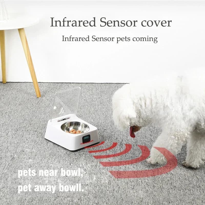 Dispenser Automatico di Cibo per Cani e Gatti con Sensore a Infrarossi, Coperchio ad Apertura Automatica, Ciotola Intelligente Anti-topo