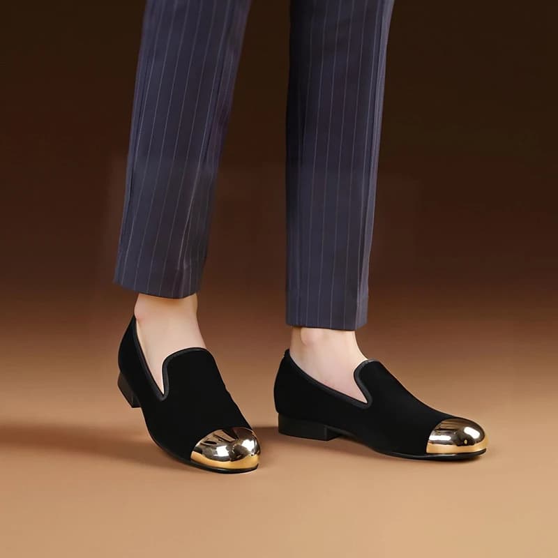 Piergitar Classic Pattern Black velvet slip-on slippers with golden metal toes for formal party dresses Mocassini men's handmade