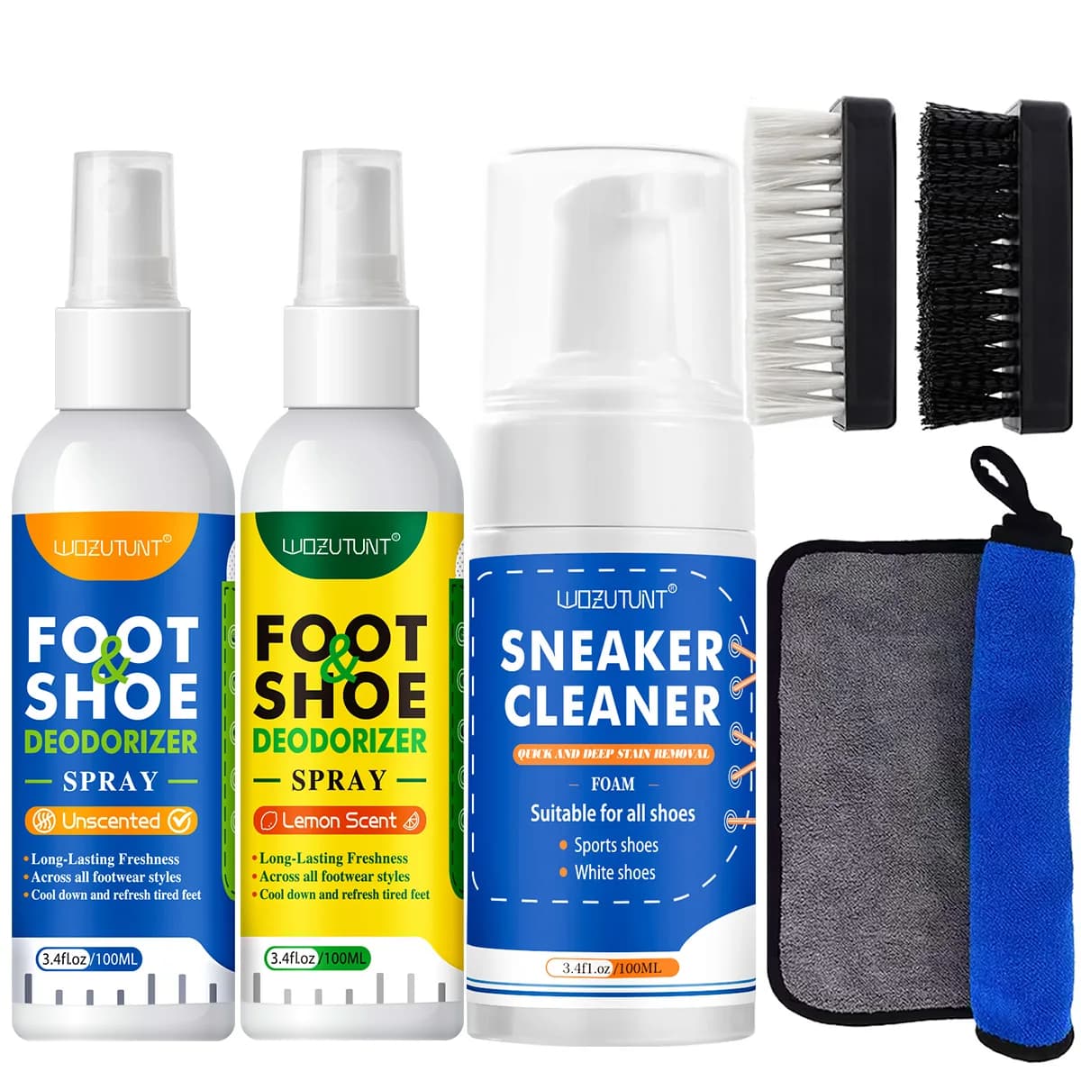 Set Multifunzionale per Pulizia e Deodorizzazione Scarpe con Spray, Spazzola e Asciugamano, Kit per Schiarire, Deodorare e Rimuovere le Macchie dalle Scarpe Bianche