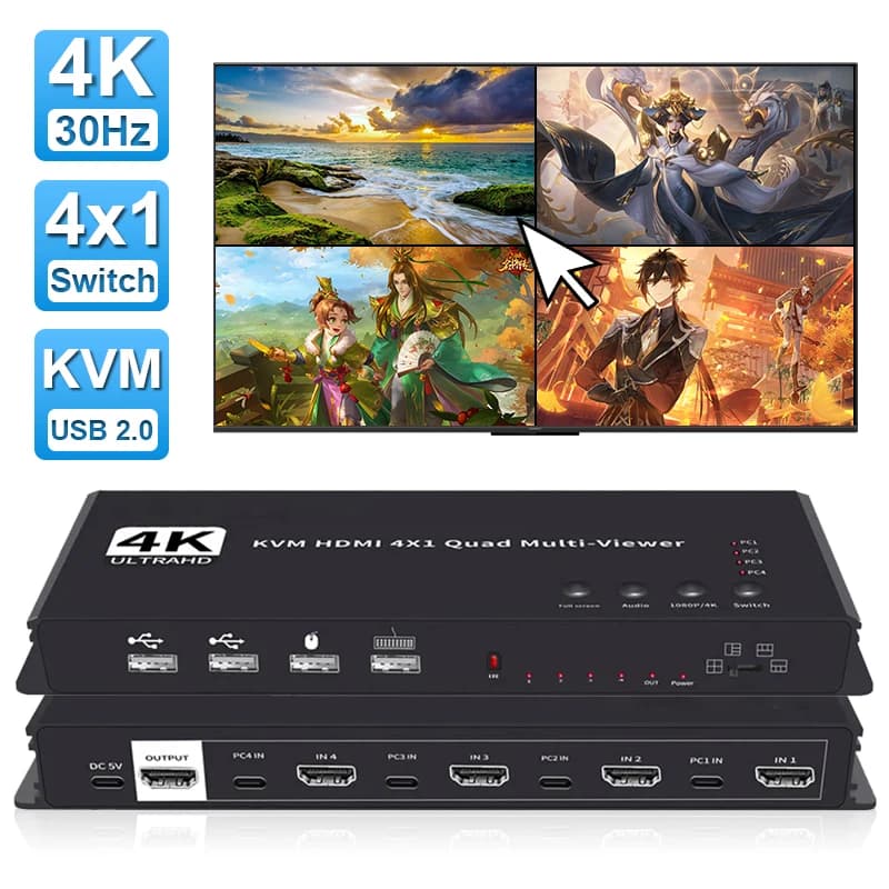 4K HDMI KVM Switch 4x1 Quad Multi Viewer 4 in 1 Out KVM HDMI Processor Screen Multiviewer Seamless For 4 PC Share Mouse Keyboard