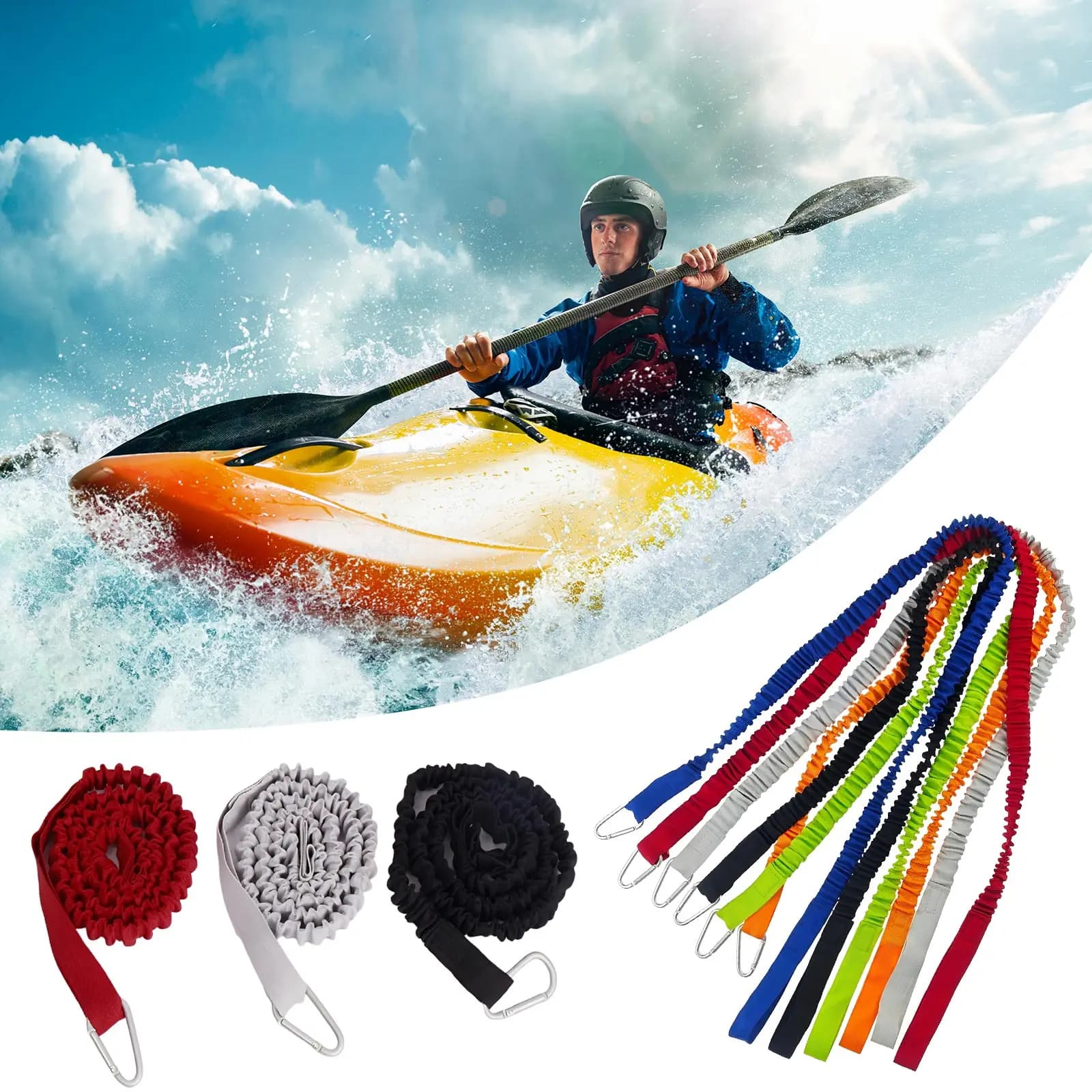 1Pcs Adjustable Elastic Kayak Canoe Paddle Leash Fishing Rod Leash Safety Rope Carabiner Rowing Boats Accessories