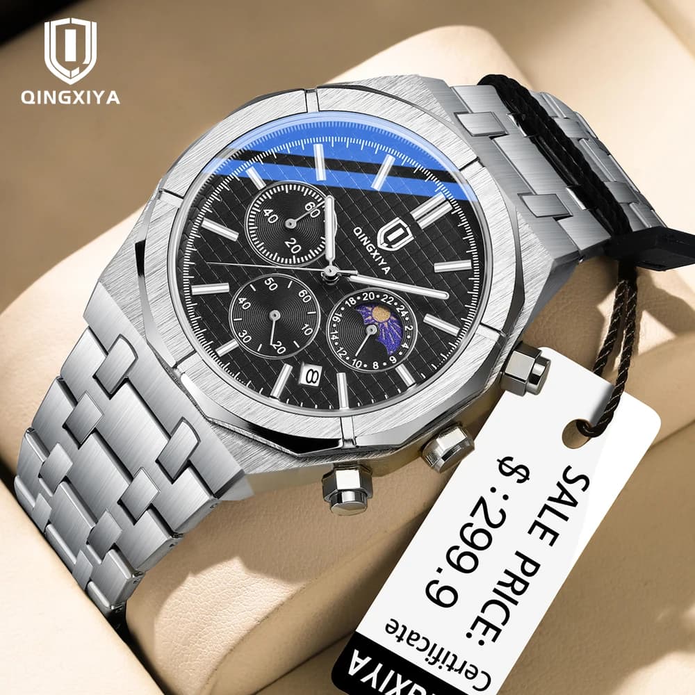 QINGXIYA Nuovo Orologio Cronografo di Lusso con Fasi Lunari per Uomo, Impermeabile, in Acciaio Inossidabile, con Data, al Quarzo