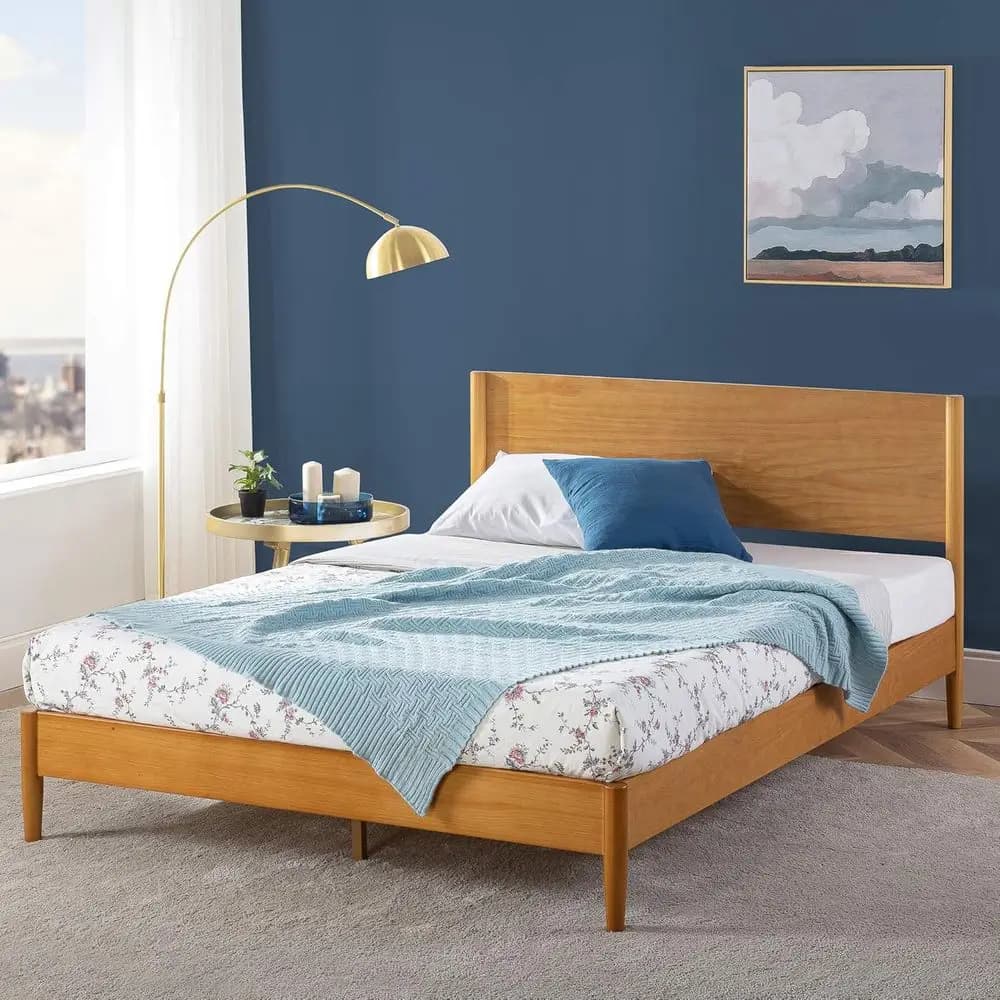 Double bed with wooden platform, solid wood base, slats support, does not need spring net, easy to mount