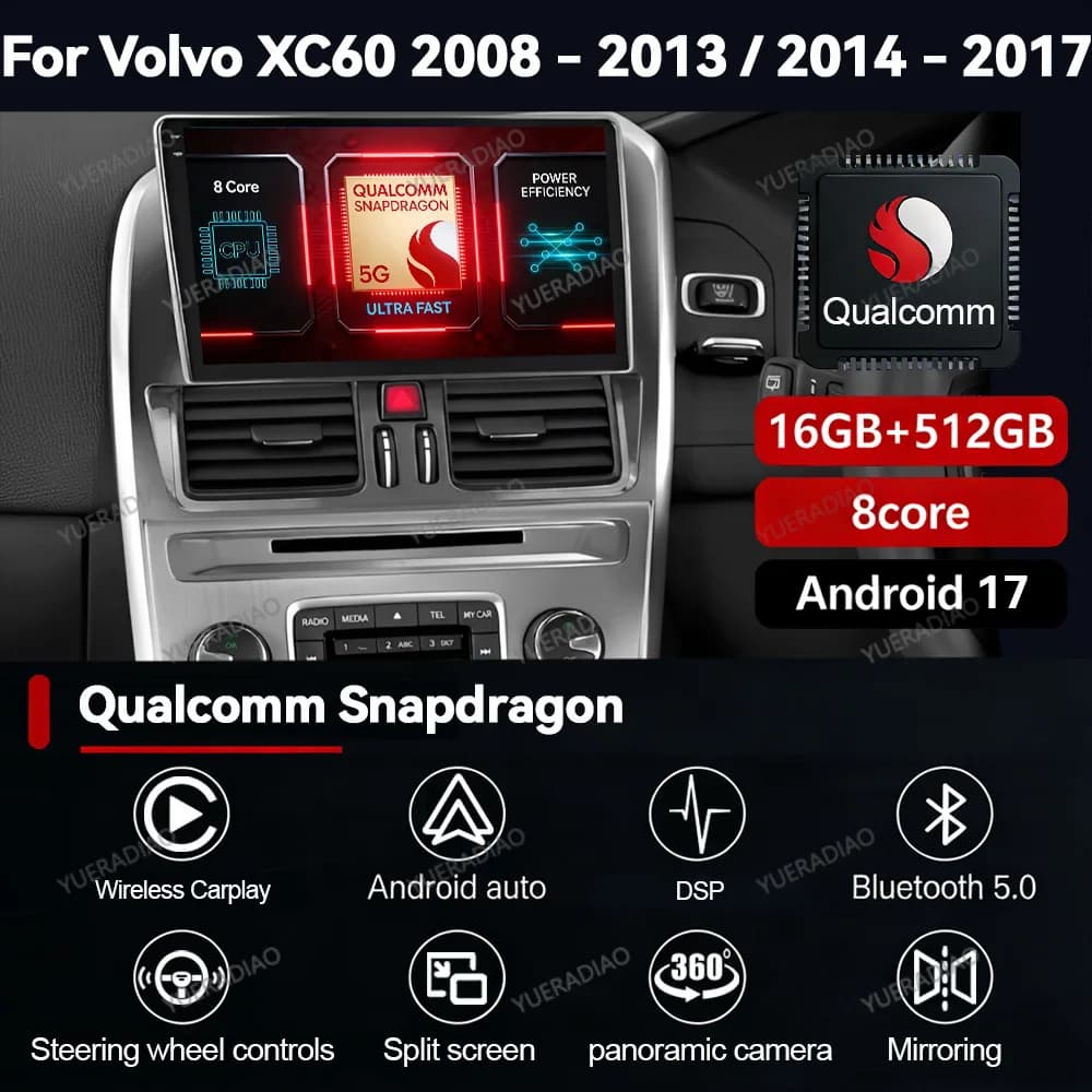 Android 17 Car Radio For Volvo XC60 Que 1 2008 - 2017 RHD Carplay & Android Auto 4G LTE 5G WIFI SWC Double Din Touch Screen BT