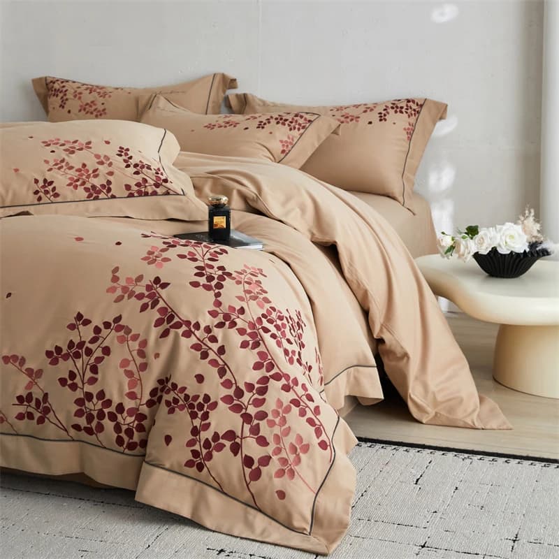 100% cotton brushed autumn winter set of bed linen with embroidery with luxury leaves cover flat sheet/with pillow corners 4 pieces