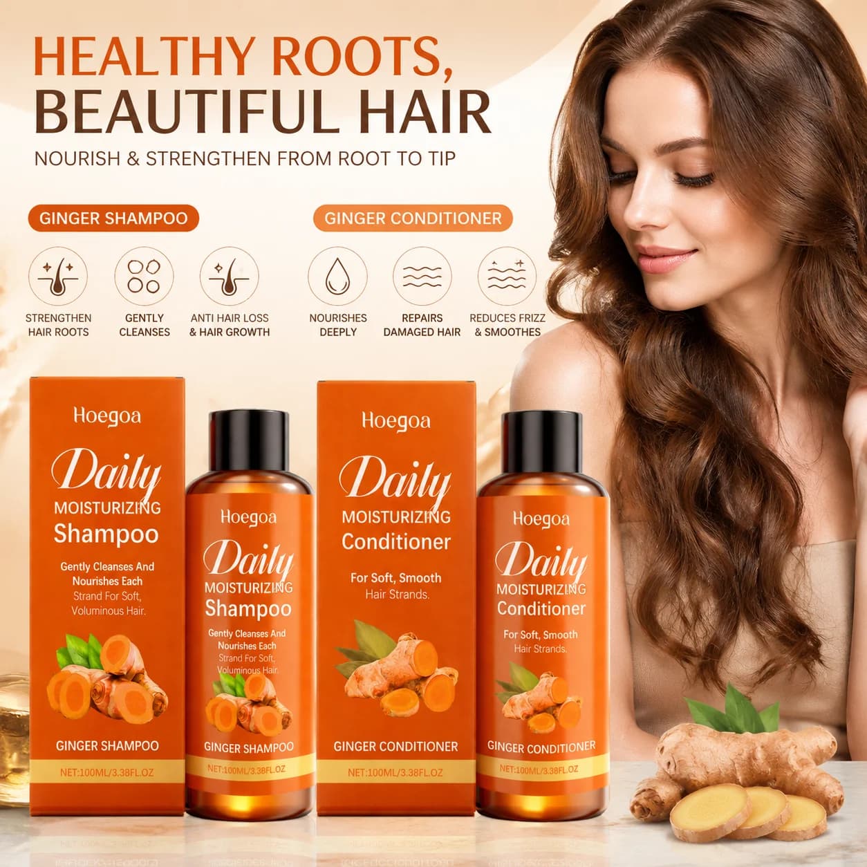 Hoegoa Ginger Shampoo Conditioner Set Anti Frizzy Deep Cleaning Strengthening Hair Growth Shampoo Moisturizing Hair Conditioner