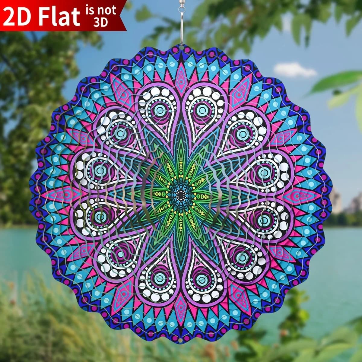 Vibrant Mandala Evil Eye Wind Spinner - 2D Metal Outdoor Patio Home Decor Wind Chime