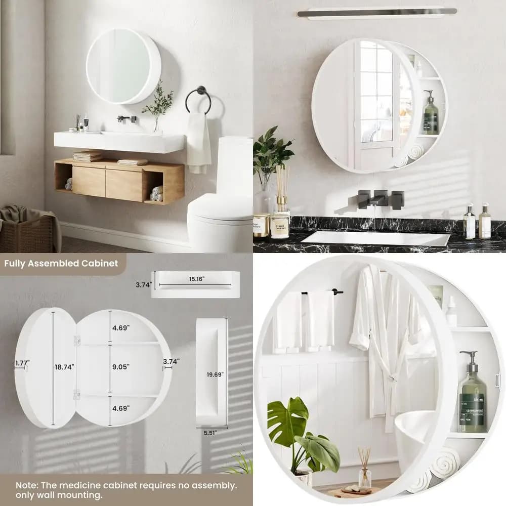 Armadietto rotondo da parete da 20 pollici con specchio e ripiano portaoggetti per bagno, bianco