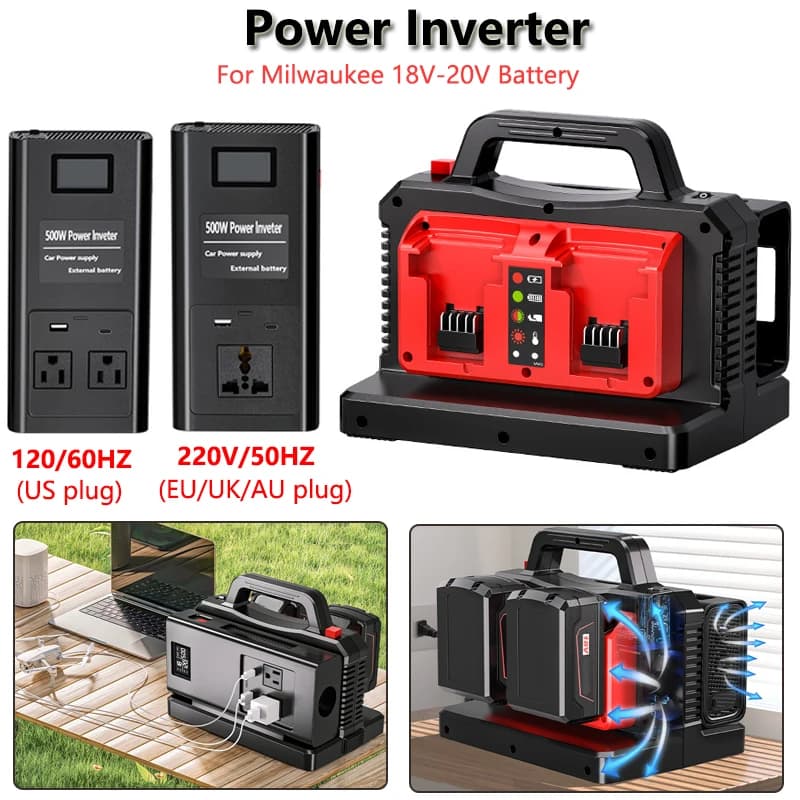 Inverter a Onda Sinusoidale Pura da 500W per Batteria Milwaukee 18V, da DC20V a AC120V, Caricabatterie per Auto, Adattatore Inverter per Campeggio e Viaggi