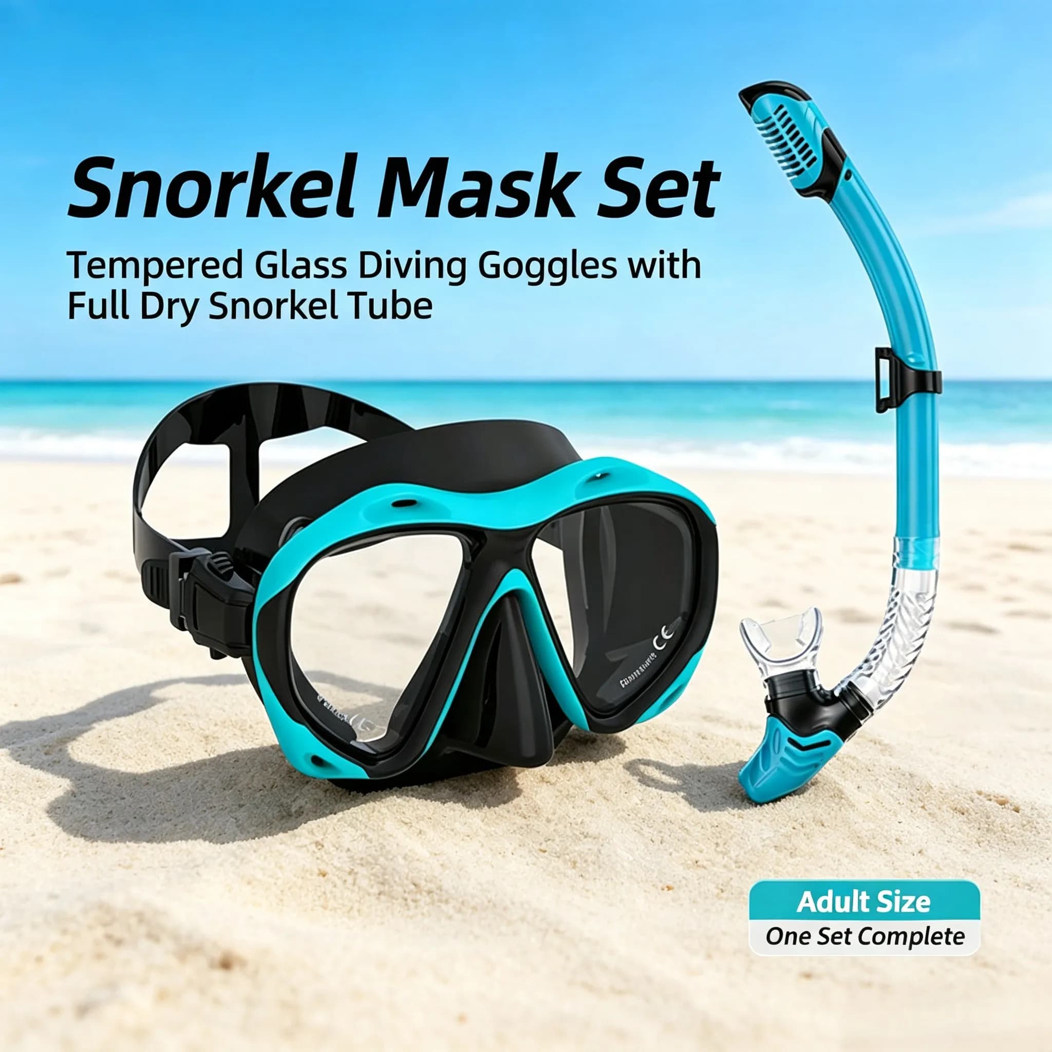 Snorkel Mask Set Tempered Glass Diving Goggles Full Dry Snorkel Tube with Nose Clip Earplugs for Adult Swimming Snorkeling