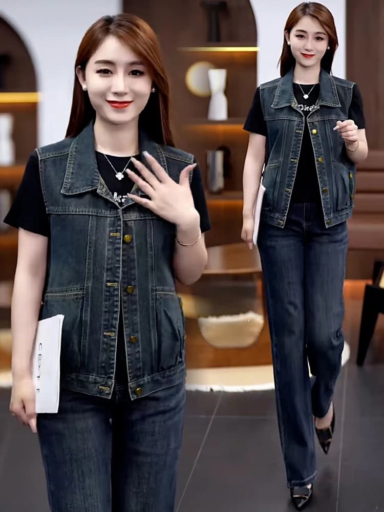 Gilet in denim da donna alla moda con blocchi di colore, senza maniche, traspirante e confortevole, stile pendolare Primavera 2026