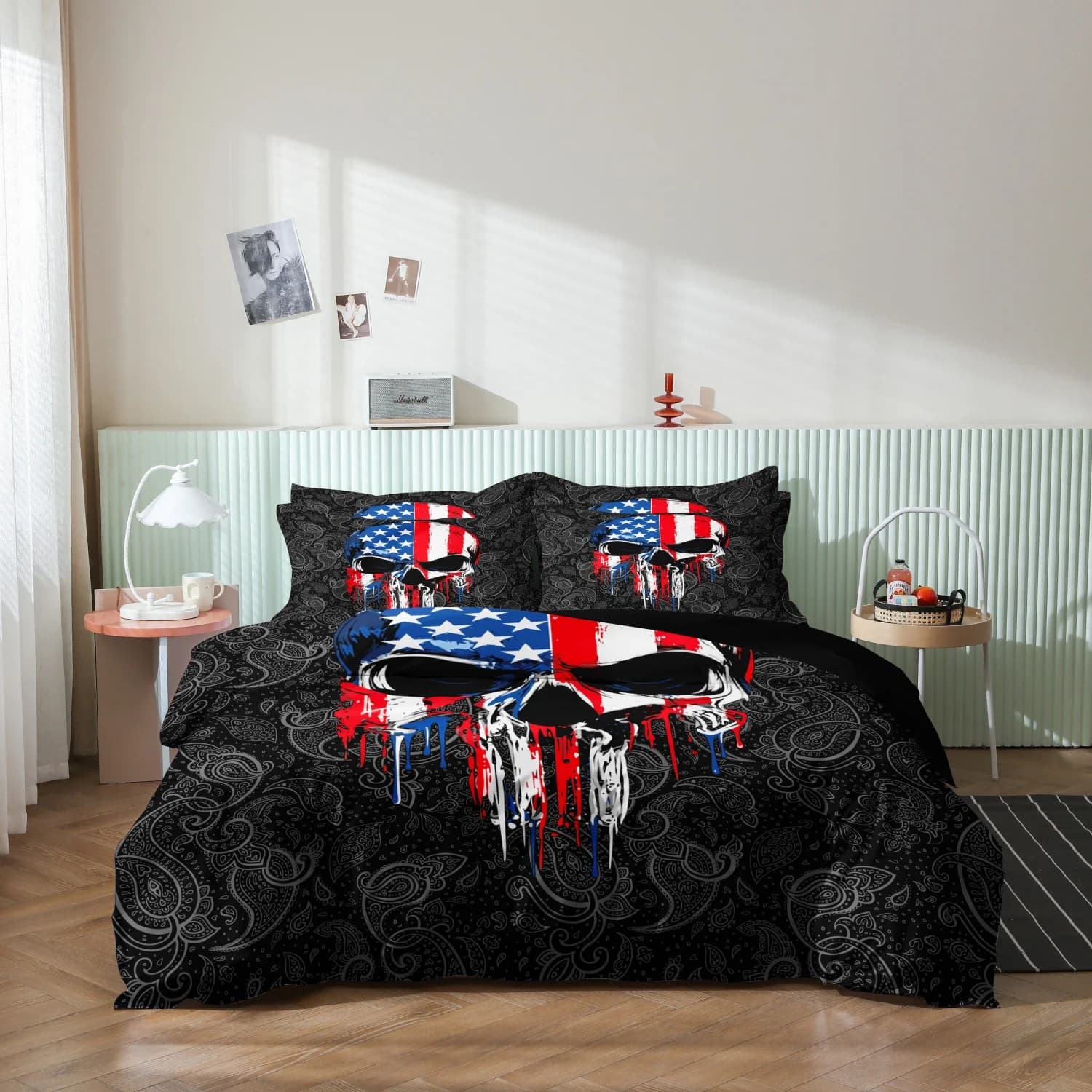Vintage Paisley American Flag Skull Paint Duvet Cover Set, 3Pcs White Blue Drip Paint Patriotic Skeleton Pattern Bedding