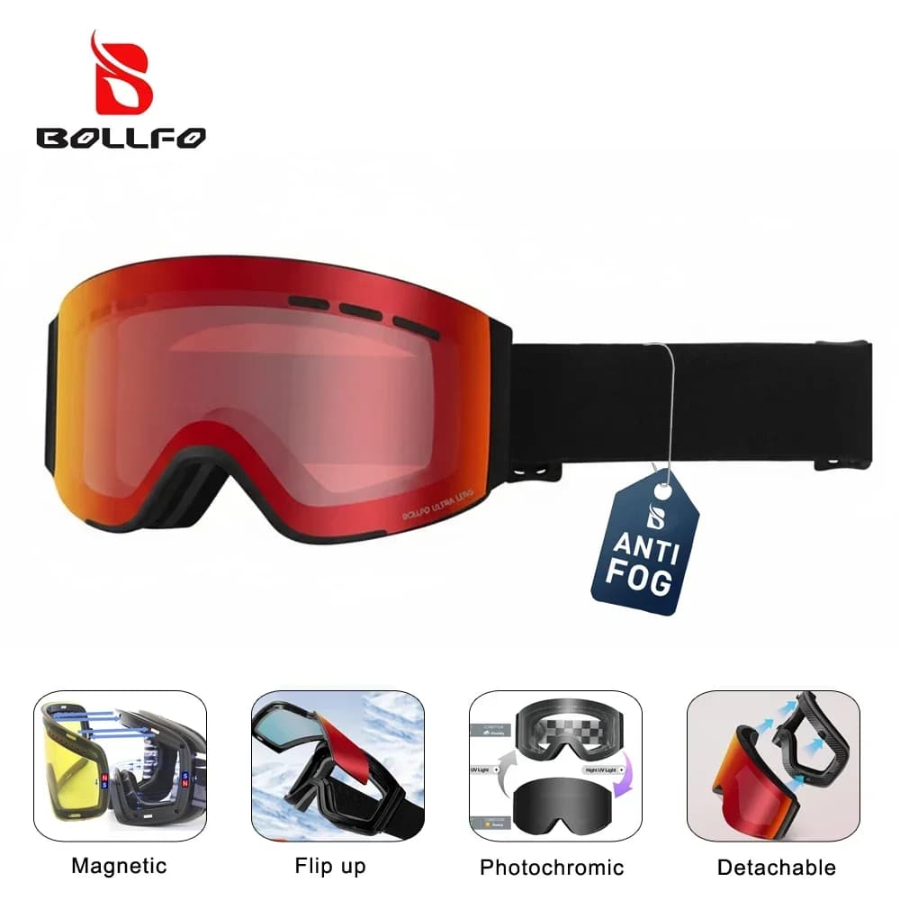 Occhiali da Sci Magnetici Ribaltabili BOLLFO UV400, Doppio Strato Antiappannamento, OTG, con Spugna Staccabile, Fotocromatici per Freeride