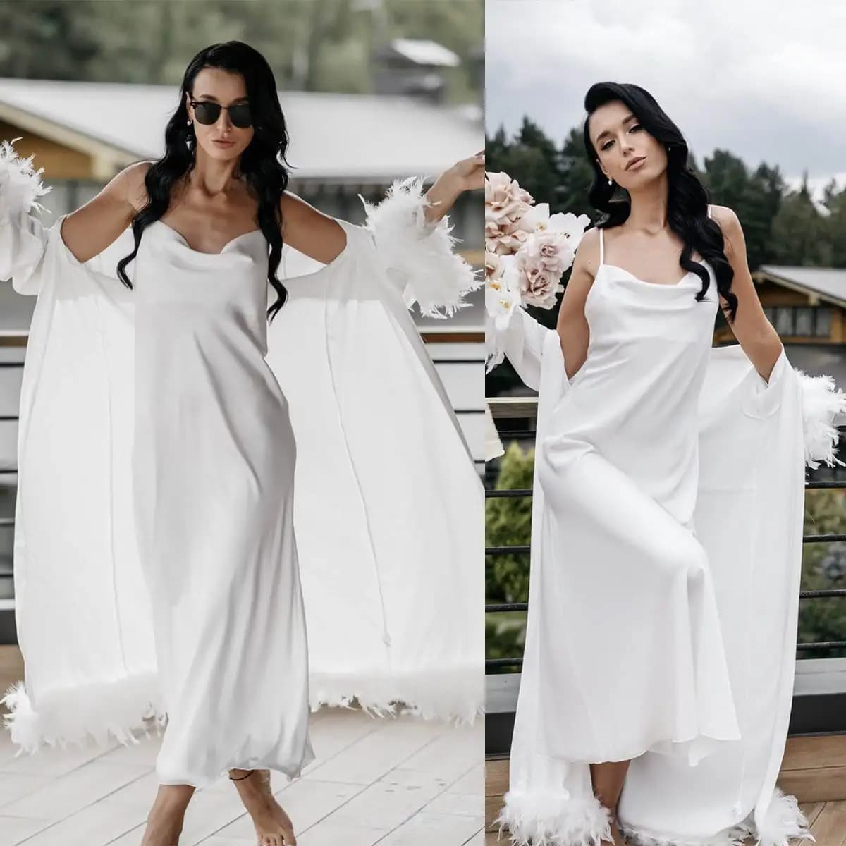 Elegant Women Nightgown Feather Bridal Pajamas Long Sleeve Bridal Wedding Bathrobe for Photography Custom Made