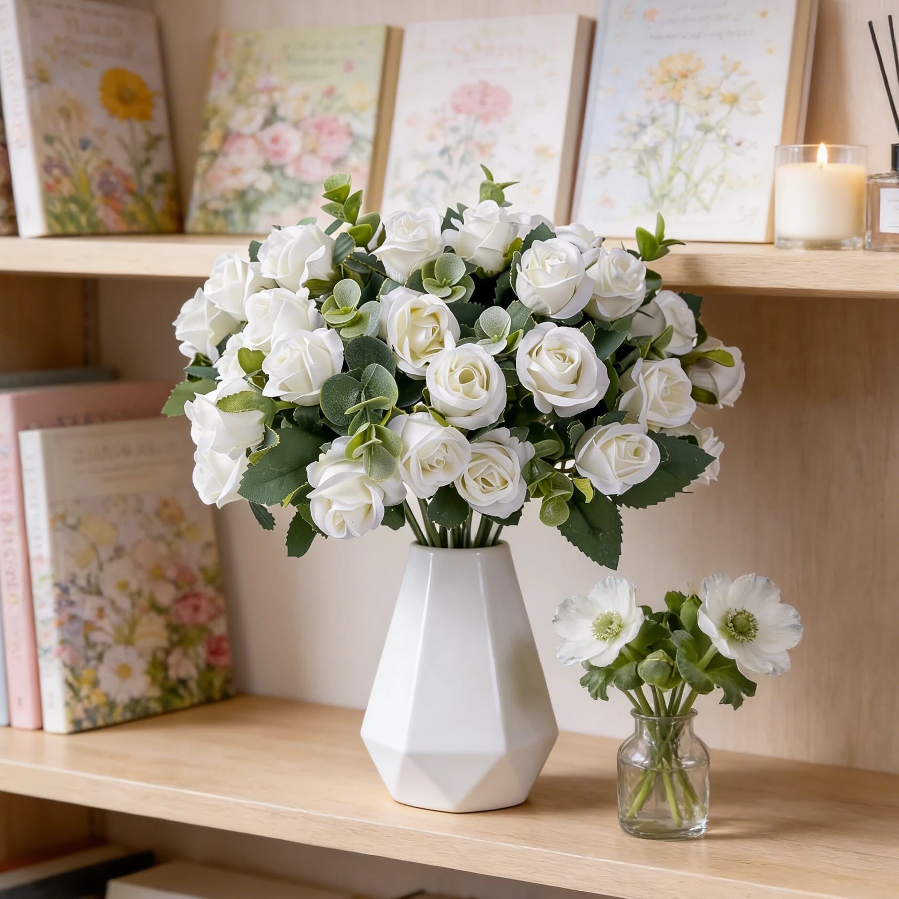 Bouquet di Fiori Artificiali in Seta, Rose e Foglie di Eucalipto per Decorazione Casa, Tavolo, Vaso, Celebrazioni, Matrimoni, Feste, Regalo Decorativo Fai-da-Te