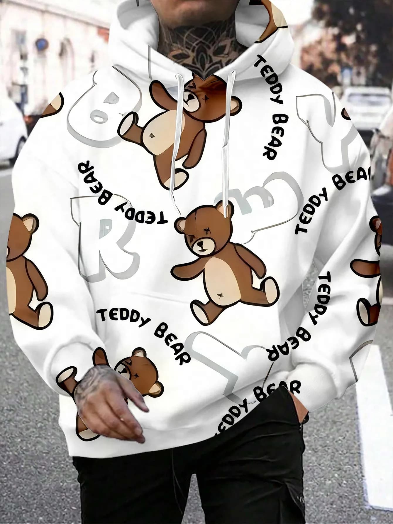 2026 Spring/Summer Best-selling Simple Casual Fashion-Comfortable Soft 3D Bear Pattern Printed Men's Hooded Sweatshirt