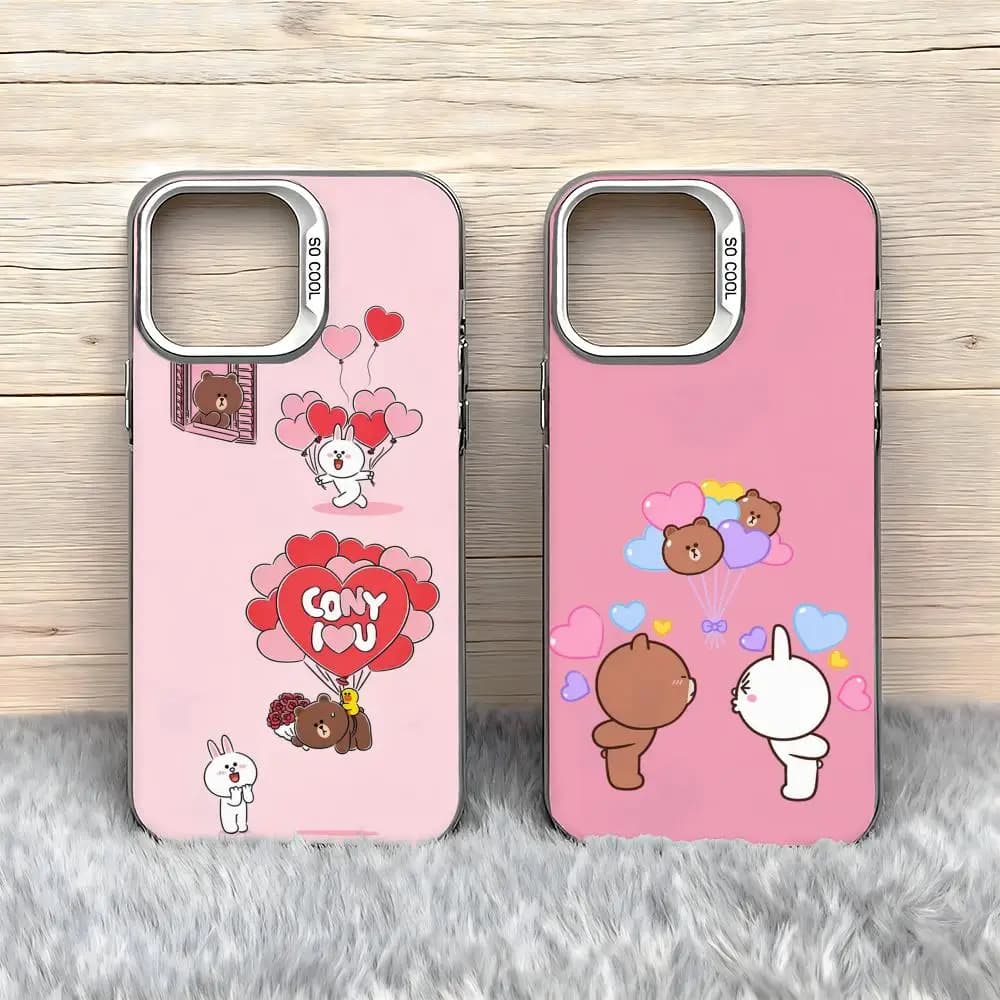 Funny Phone Case with Rabbit and Bear for Couples, Colorful, Plated, Anti-slip and Anti-print for iPhone 11–17 Air Pro Max