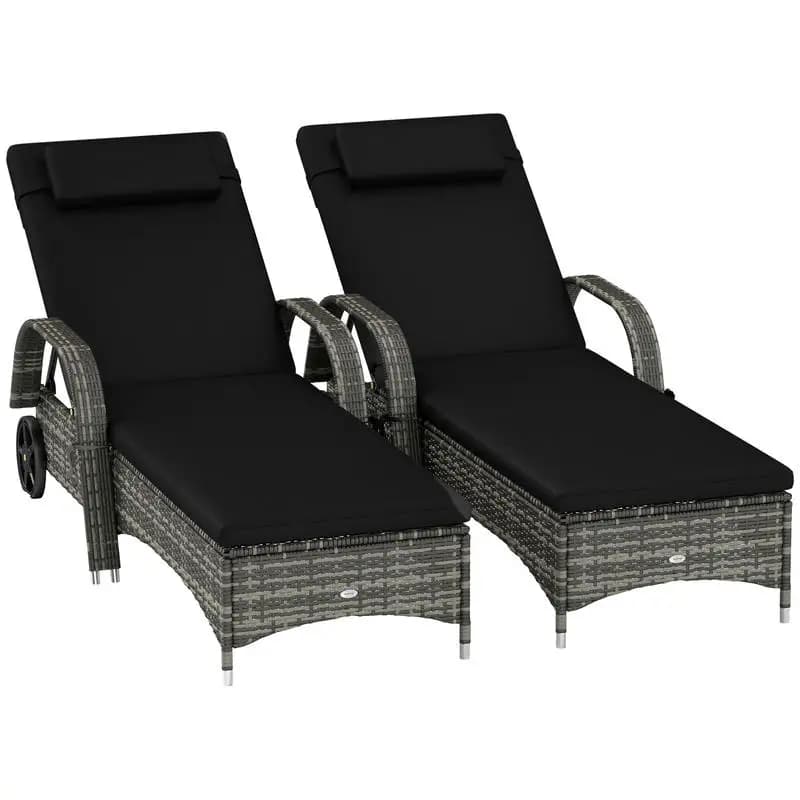 2 Reclining Chaise Lounge Chairs, Rolling Outdoor Chairs with Cushion, Pillow, Headrest, Armrests, and Wheels, Black