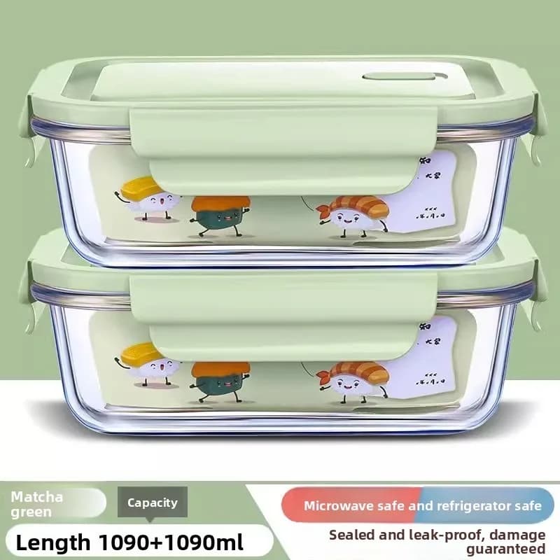 Set di Contenitori per Pranzo in Vetro Verde Matcha, Ermetici e Adatti al Microonde, 450/720/1090ml, con Borsa Termica e Posate