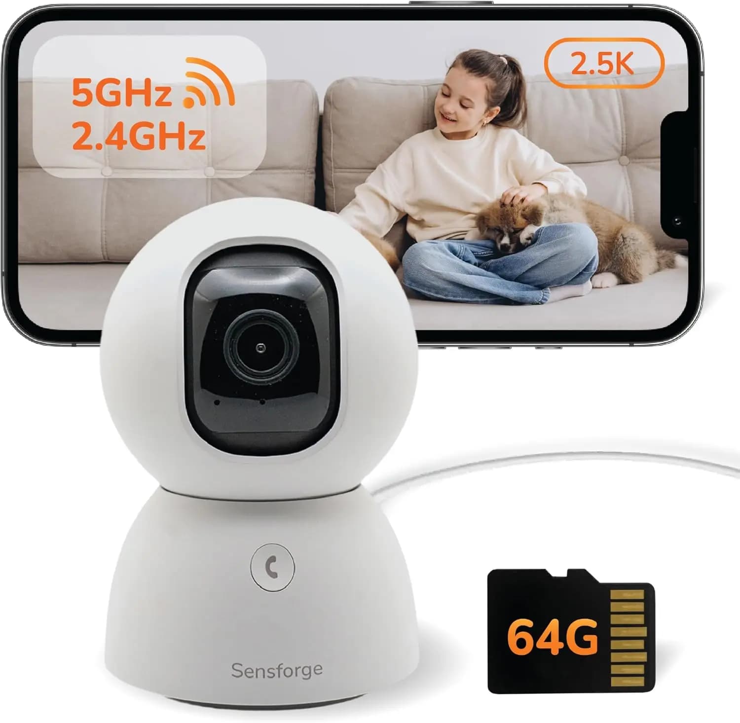 2.5K indoor Pan-Tilt security camera with AI detection, 360 ° Cover, two-way audio, dual-band Wi-Fi, 64GB SD card included