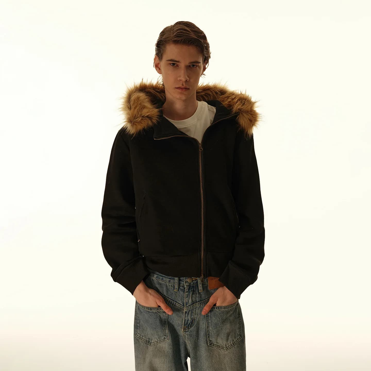 Autumn Vintage New Fashion 2025 Men's Grey Black Long Sleeve Hooded Fur Collar Zipper Casual Trendy Jacket Male Coat Clothes