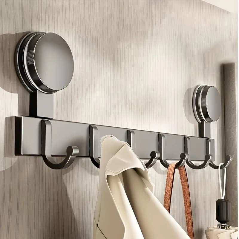1 pack of practical 6 hook grey hangers that can be hung to wall without drilling, using suction cups, to store clothes/toes/baths/littles, etc., suitable for bathroom/bedroom/WC/living room/port, etc., multipurpose