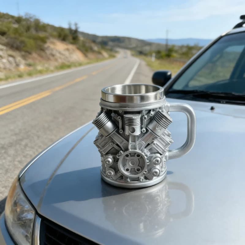 Tazza in Acciaio Inox con Design Meccanico a Pistone V8/V6 Vintage, Boccale per Birra Unico, Articolo per Bevande da Ufficio