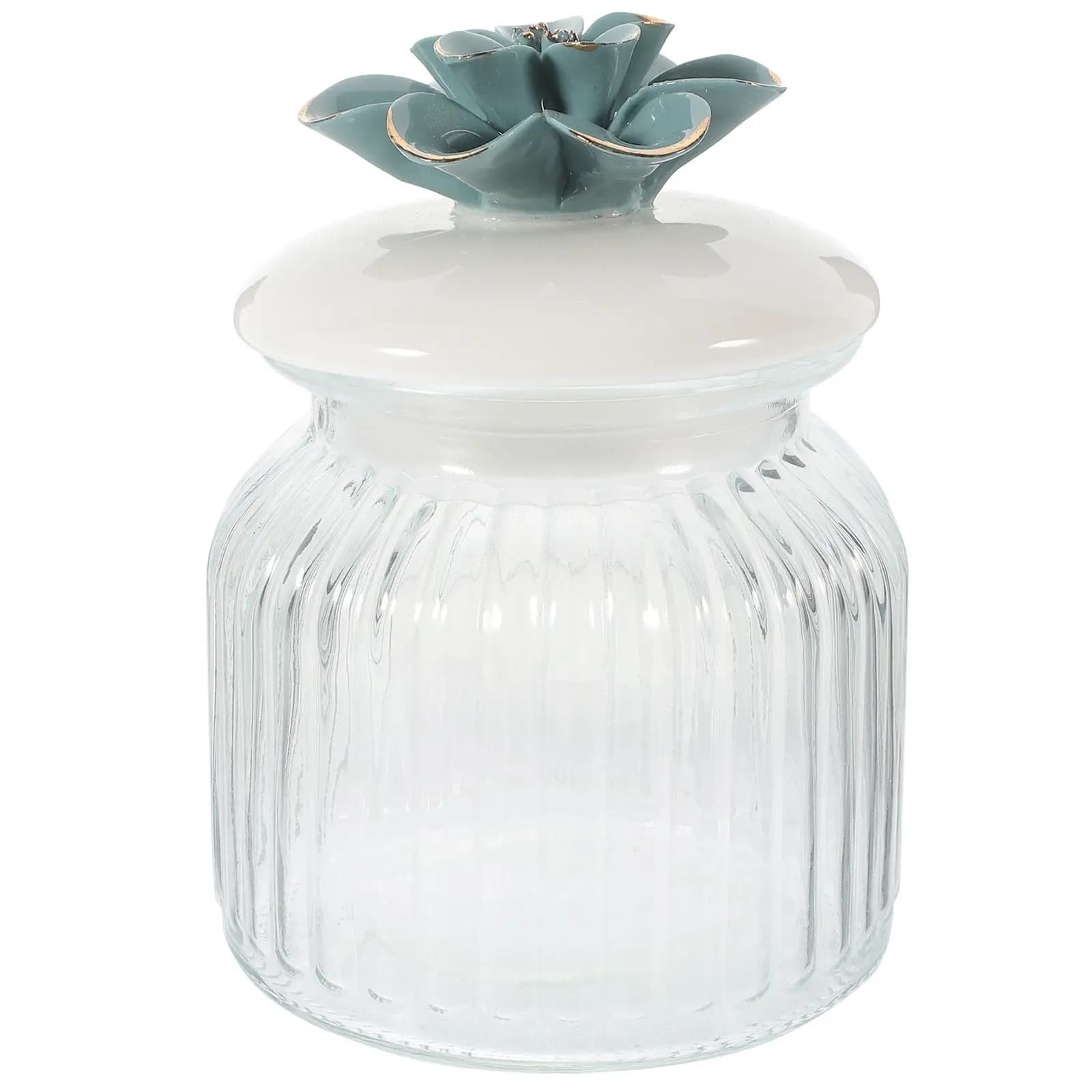 Glass Airtight Food Storage Jar with Gilded Porcelain Flower Lid for Tea Coffee Beans Grains Dried Fruits Kitchen Pantry Decor