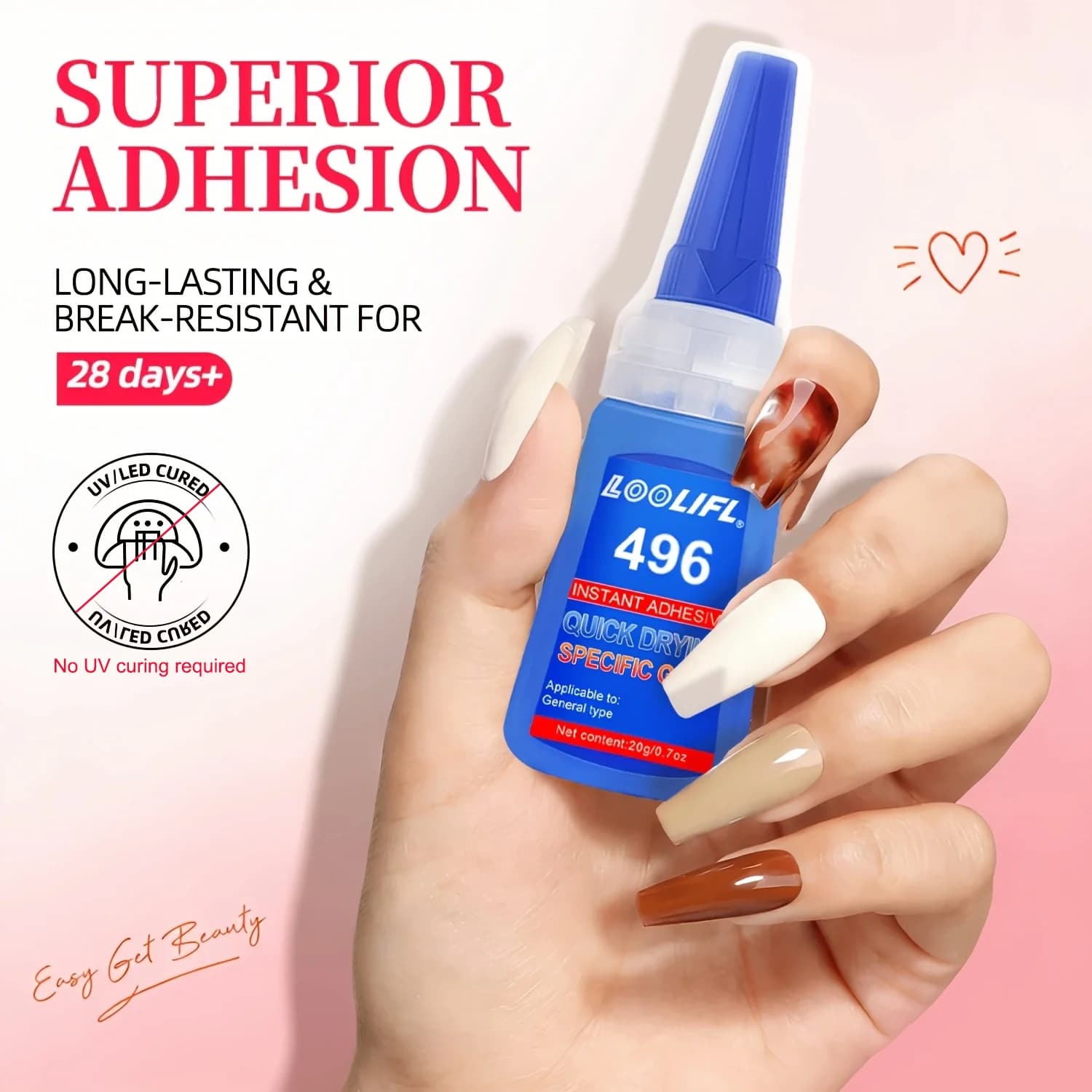 Loolifl-20G Super Strong Nail Glue, Suitable for False Nail Tips, Acrylic Nails, Press-On Nails, and Fake Nail Art Decorations, Transparent and Bubble-Free, Long-Lasting Adhesive for 30 Days