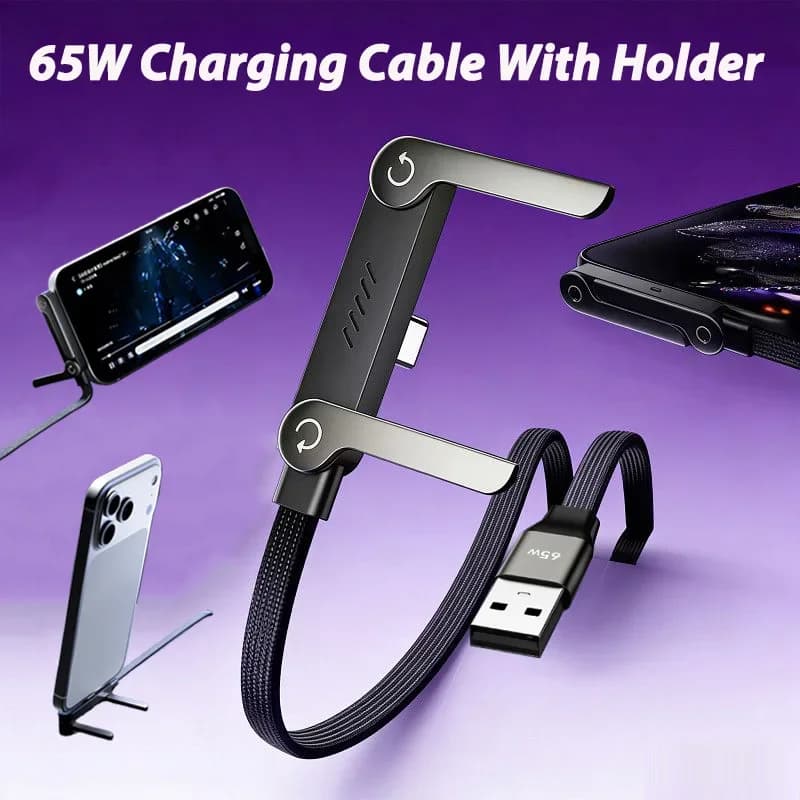 Cavo di ricarica rapida USB da 65W con supporto pieghevole per telefono 2-in-1, cavo dati a ricarica rapida Type-C, cavo di ricarica USB C per cellulare