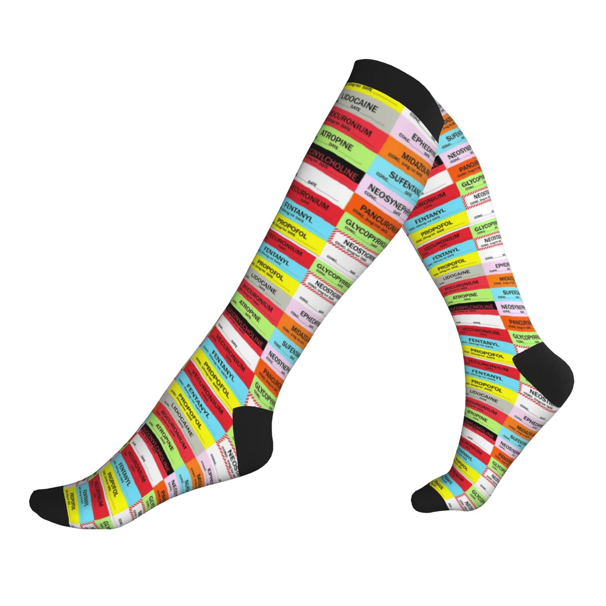 Calze Elastiche con Stampe Originali di Etichette Farmaci Anestetici, per Estate, Autunno e Inverno, per Dottori, Infermieri, Medici, Sportive e a Compressione