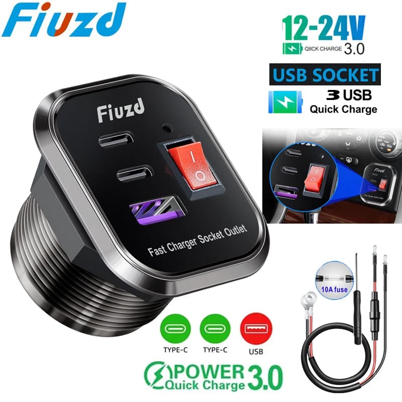 Presa caricabatterie per auto con doppia porta USB C PD e QC3.0 con LED 54W ricarica rapida 12V/24V per adattatore Moto