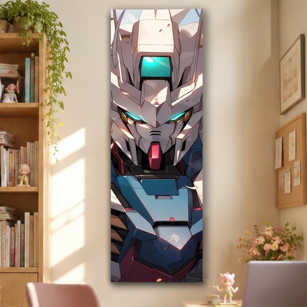 Close Up Gundam White Blue Red Armor Teal Glowing Eyes Vertical Tall Mecha Anime Tapestry Boys Man Cave Decor Cloth