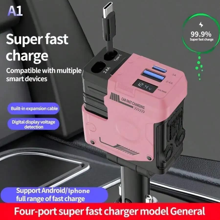 Caricabatterie per Auto Smart a Quattro Porte da 120W con Cavo USB-C Retrattile Integrato, Monitor Digitale della Tensione e Rotazione a 360° ° Supporto Magnetico
