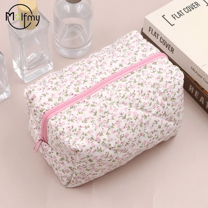 Borsa per cosmetici Borsa per trucco trapuntata gonfia da donna Organizzatore di stoccaggio Borsa per cosmetici da donna stampata a fiori Borsa da toilette per bellezza da viaggio
