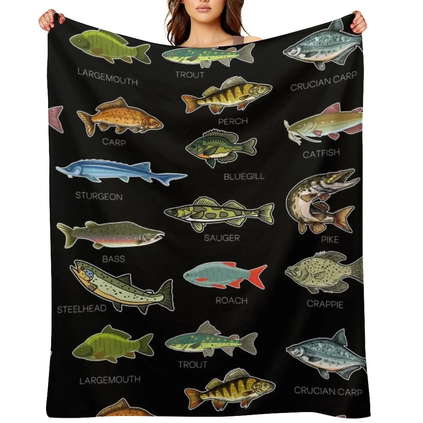 Luxury blanket with prints of Various Types of Freshwater Fish, Pelo Satin for Sofa, Subtle Covers