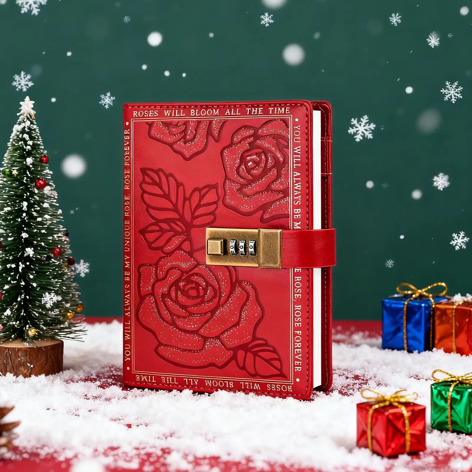 Diary with Lock Codebook PU Leather Cover Lockable Journal Flowers and Leaves Plants Label Book Locking Memory Diary Handbook
