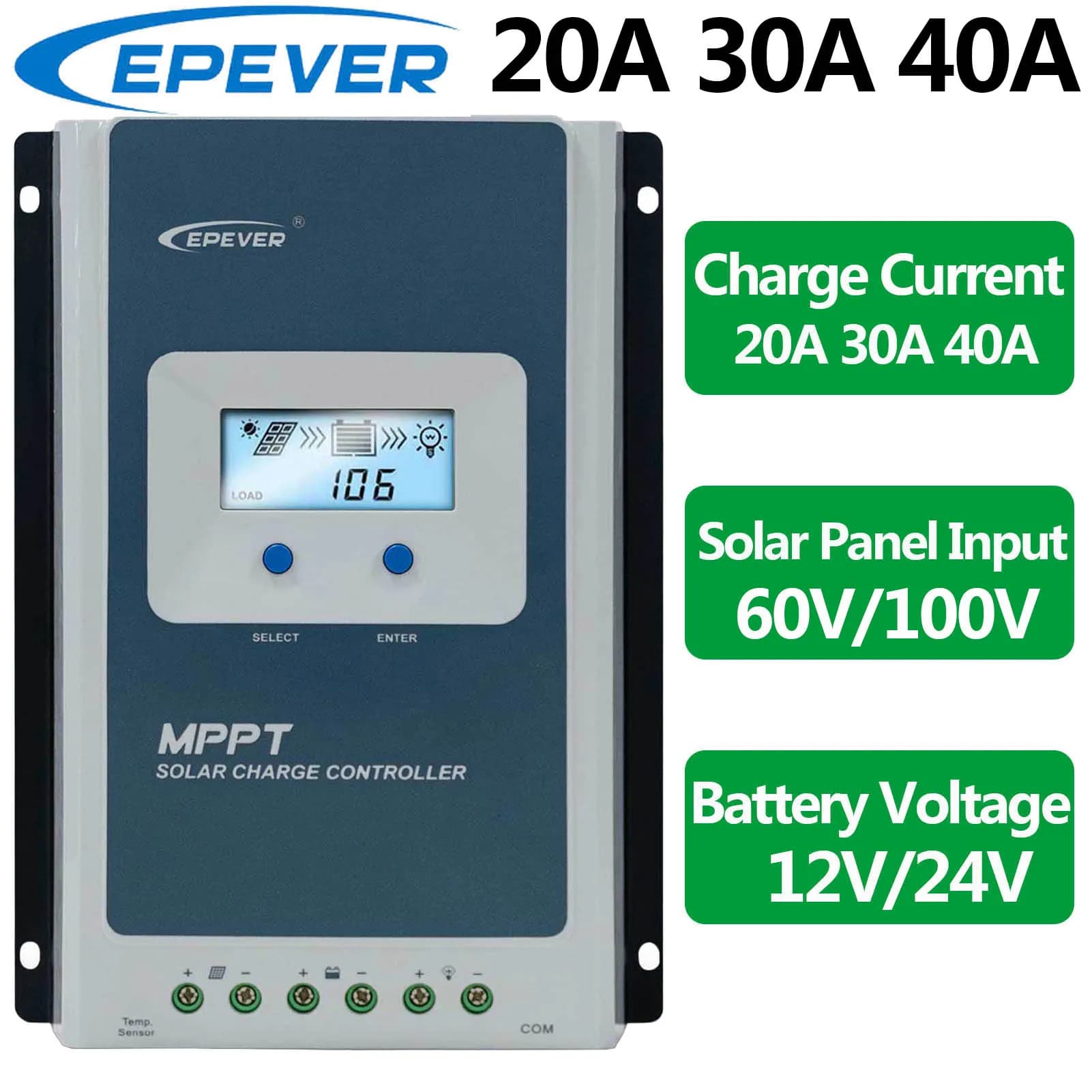 EPEVER 20A 30A 40A MPPT Regolatore di carica solare Ingresso fotovoltaico massimo 100 V Tensione batteria 12 V 24 V Identificazione automatica