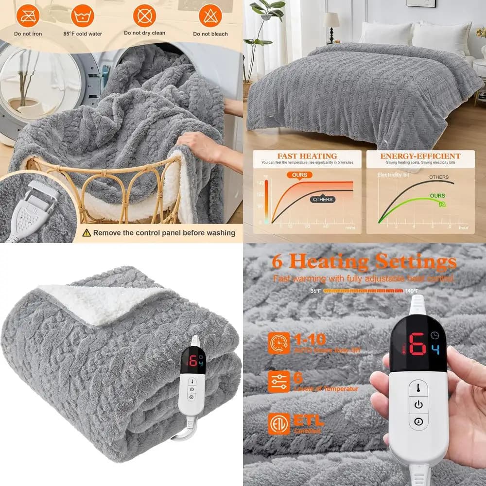 Coperta Elettrica Queen Size con Doppi Controlli, 84x90, 6 Livelli di Calore, Spegnimento Automatico, Protezione da Surriscaldamento, Grigio Chiaro