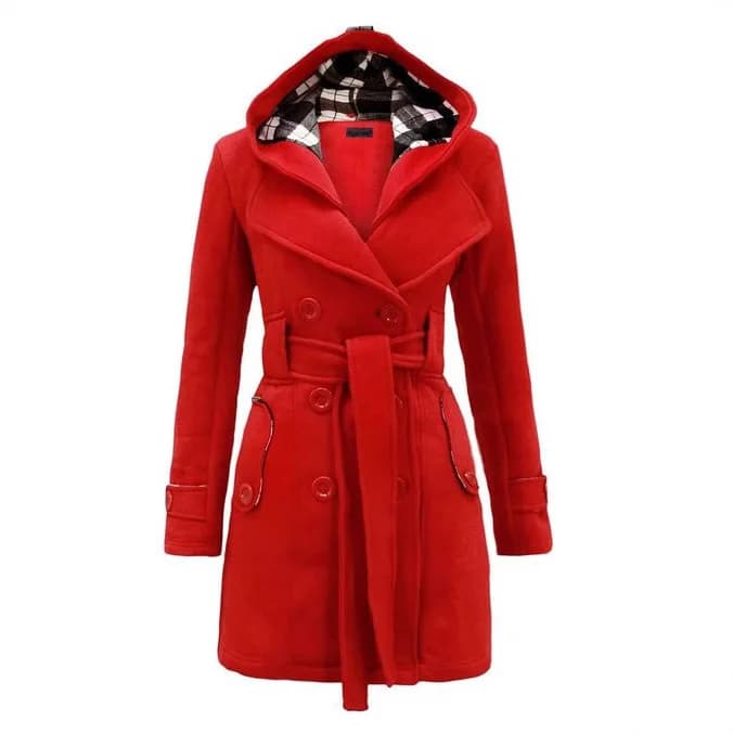 Long-haired Coat with Hood and Belt, Double-breasted in Cotton and Wool, Elegant Women's Trench and Biological Cotton Fit