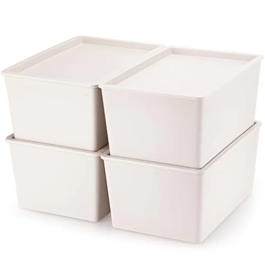 Set di 4 Contenitori Impilabili in Plastica con Coperchi per Organizzare i Scaffali, Scatole per Decorazioni Natalizie