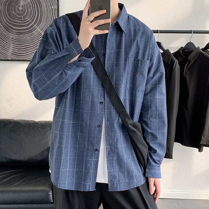 Summer Thin Ice Silk Casual Shirt for Men Plaid Pattern Cityboy Style Long Sleeve Loose Fit Youthful Trend Outerwear Jacket