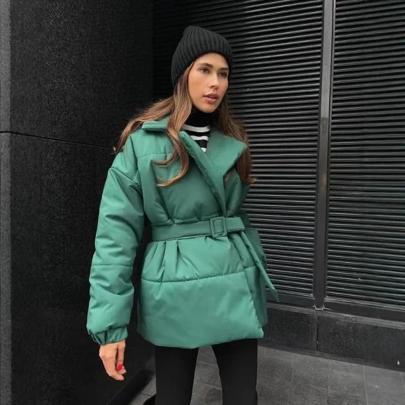 Women's Lapels with Belt Coats Long Sleeves Thickening Slim Solid Color Cotton Jackets for Women Winter Lace Up Pocket Fashion