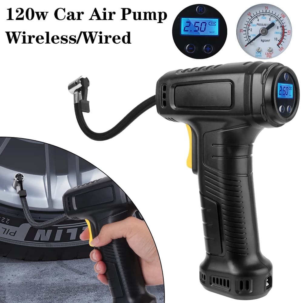 Compressore d'aria portatile da 120 W, pompa di gonfiaggio per pneumatici wireless/cablata per auto, bicicletta, moto e palline, pompa d'aria portatile veloce